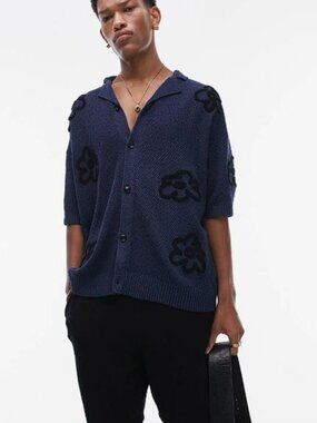 TOPMAN Men's Floral Button-Up Cardigan Shirt Size M In Navy
